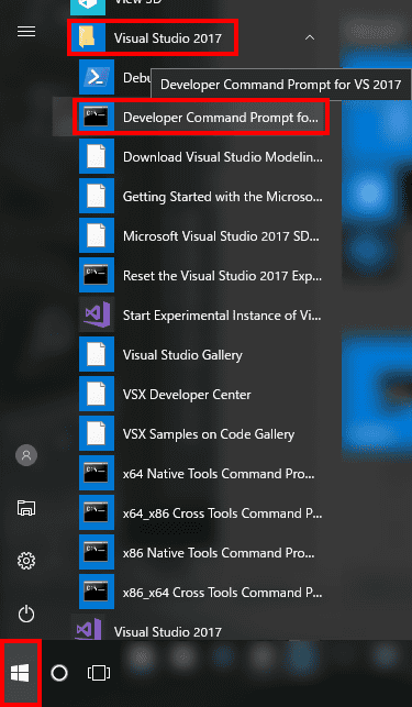 ウインドウボタンを左クリックして、「Visual Studio」フォルダから、「Developer Command Pronput」を選択する。（推奨）