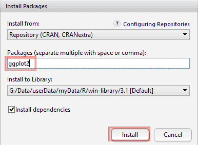 Packagesにggplot2を入力し、「Install」をクリックします。