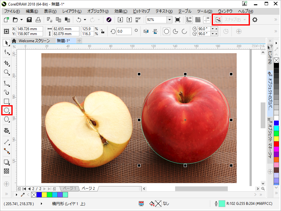 楕円を描き、りんごの輪郭に近づくように、大きさを変更します。また、線は見やすい色に変更してください。この操作では、スナップツールは、OFFにしていたほうが、操作がしやすいです。