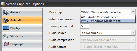 動画形式はAVIとWMVしか選択できないようです。GIF動画の作成にはこのソフトは利用できないようなので、アンインストールします。